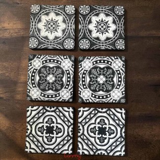 Set of 6 coasters printed with black Floor Tiles pattern ( different designs )